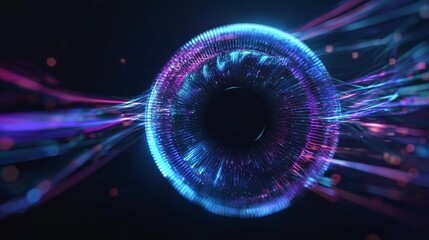 Digital eye with glowing neural network patterns in a dark space