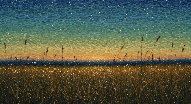 Starry night sky over a golden field with tall grass silhouettes and a glowing horizon