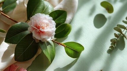 Soft Pink Camellia Flower with Green Leaves on Pastel Background
