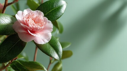 Soft Pink Camellia Flower with Green Leaves on Pastel Background
