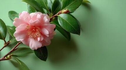 Soft Pink Camellia Flower with Green Leaves on Pastel Background
