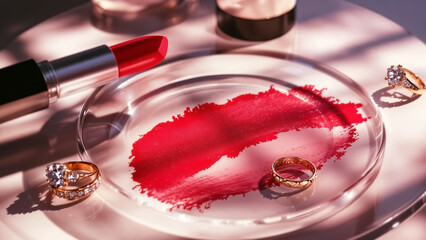 Luxury still life showcasing red lipstick, elegant rings, and a clear dish with red pigment