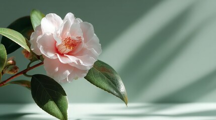 Soft Pink Camellia Flower with Green Leaves on Pastel Background
