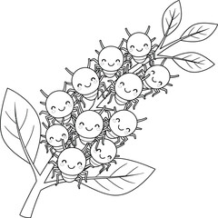 Group of Cute Cartoon Aphids on a Leaf Branch - Happy Insect Colony Coloring Page