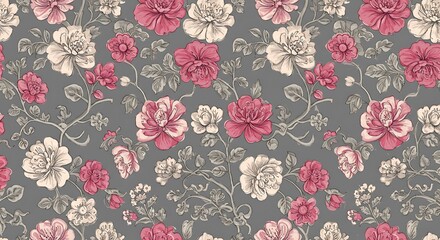 Floral pattern with pink and white roses on a gray background