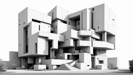 Monochrome facade, a striking architectural design with stacked geometric modules and dramatic