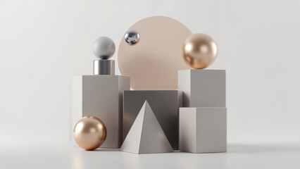 Modern Geometric Composition with Neutral Tones and Metallic Accents for Artistic Display