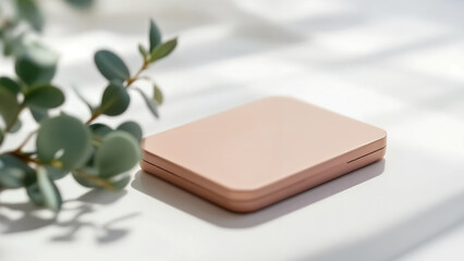 Minimalist aesthetic featuring a blush-toned compact case and eucalyptus branch casting shadows on