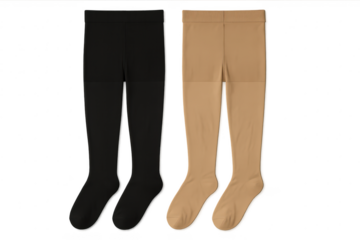 Two pairs of women's opaque tights, black and nude, isolated on transparent background.