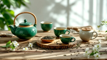 Serene tea time arrangement with vibrant green teapot and cups on rustic wooden surface