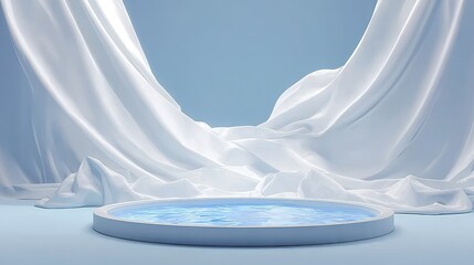 Minimalist scene with a circular platform and flowing white fabric against a soft blue background