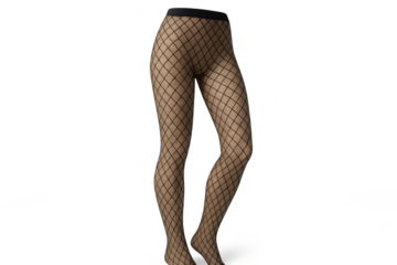 Stylish black fishnet stockings worn on legs, isolated on transparent background