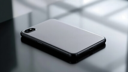 Sleek modern phone device reflecting light on a polished surface minimal composition showcasing