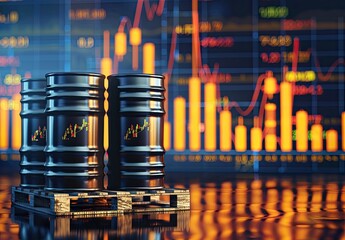 Three oil barrels on a pallet, reflecting on a dark surface, with a background of dynamic stock market graphs showing rising and falling prices