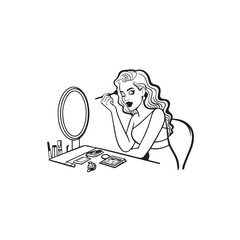 Black and white line art of a beautiful woman doing makeup at dressing table with mirror illustration
