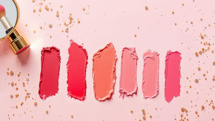 Swatches of assorted pink lipstick shades arranged aesthetically on soft pink backdrop