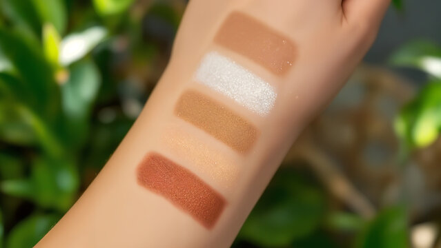 Swatches of earth-toned eyeshadows on a fair-skinned arm with botanical background provide diverse