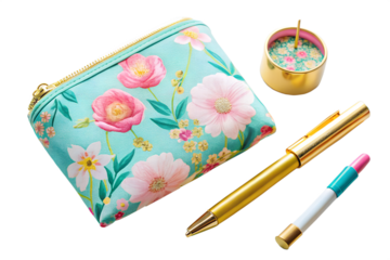 Floral pouch with writing tools and compass