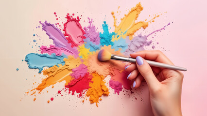 Vibrant cosmetics powder explosion, a colorful hand holding makeup brush artistry tool