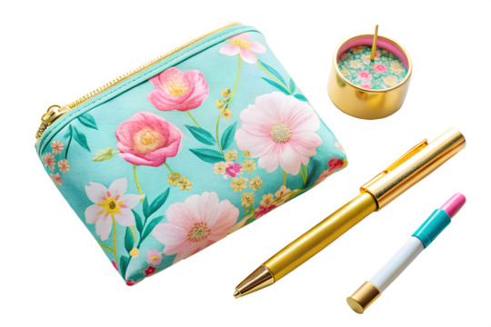 Floral pouch with writing tools and compass