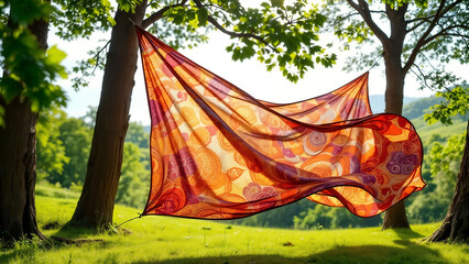 Vibrant patterned textile artfully suspended between trees, capturing a moment of tranquility in