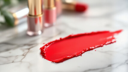 Vivid red lipstick smear showcasing elegance and beauty on a luxurious marble surface arrangement