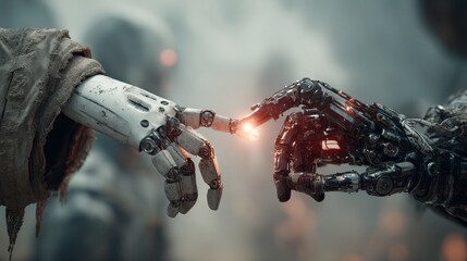 Human and robot hands almost touching soft lighting blurred visual effects emotional coexistence futuristic narrative
