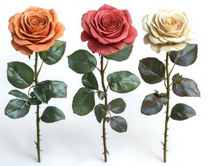 Three realistic 3D roses in varying shades of orange, red, and cream,  on a white background