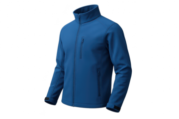 Vibrant blue outdoor jacket with zipper isolated on transparent background