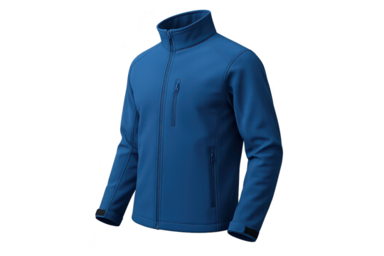 Vibrant blue outdoor jacket with zipper isolated on transparent background