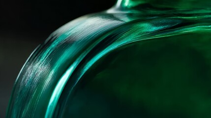Close-up of a green glass bottle with reflective surface and smooth curves
