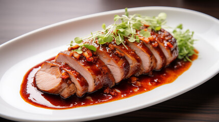 Rôti de porc en tranches avec une sauce barbecue, épices, herbes et tomates. Spécialité viande, plat traditionnel. Nourriture. Pour conception et création graphique. 
