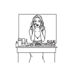 Black and white line art of a beautiful woman doing makeup at dressing table with mirror illustration
