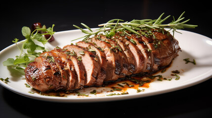 Rôti de porc en tranches avec une sauce barbecue, épices, herbes et tomates. Spécialité viande, plat traditionnel. Nourriture. Pour conception et création graphique. 