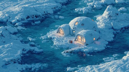 Isometric arctic research base glowing thermal domes icy textures wind swept tundra scientific exploration setting