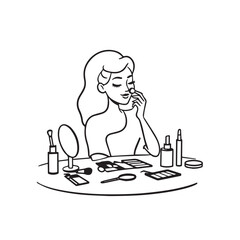 Black and white line art of a beautiful woman doing makeup at dressing table with mirror illustration
