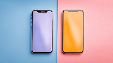 Two modern smartphones with colorful screens on a split blue and pink background, top-down view.