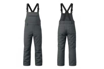 Grey waterproof snow bib pants, front and back, isolated on transparent background.