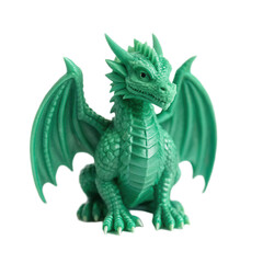 Fototapeta premium Vibrant green dragon figurine with detailed scales and wings stands proudly against transparent background, evoking sense of fantasy and adventure