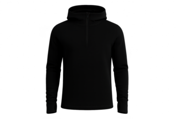 Black long-sleeve athletic hoodie with quarter-zip, transparent background.