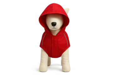 Red hooded dog raincoat on a mannequin, isolated on transparent background.