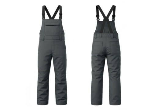 Grey waterproof snow bib pants, front and back, isolated on transparent background.