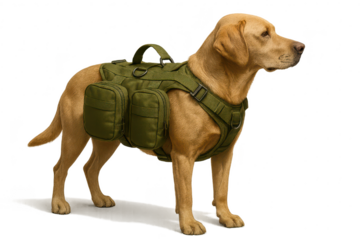 Yellow Labrador wearing a tactical vest, isolated on transparent background.
