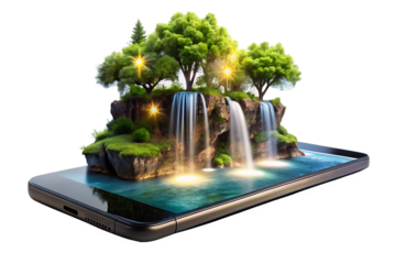 Digital Waterfall Island Emerging from Smartphone Screen nature technology isolated on a transparent background