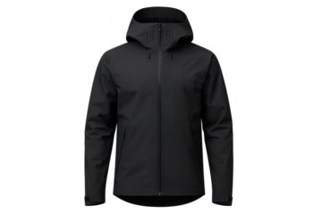 Modern black weatherproof jacket with hood, isolated on transparent background