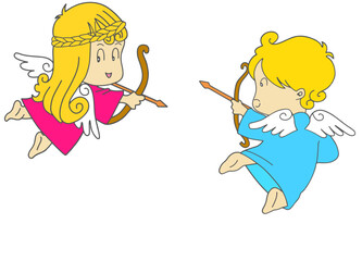 Cute Cartoon Cupids with Bows and Arrows.Valentine’s Day Cupid Illustration eps 10
