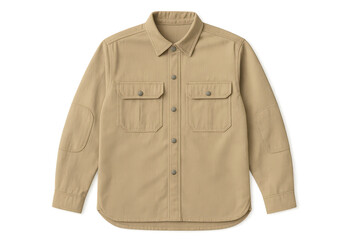 Classic men's beige utility shirt with elbow patches on transparent background