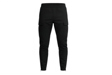 Black men's cargo track pants isolated on a clean transparent background
