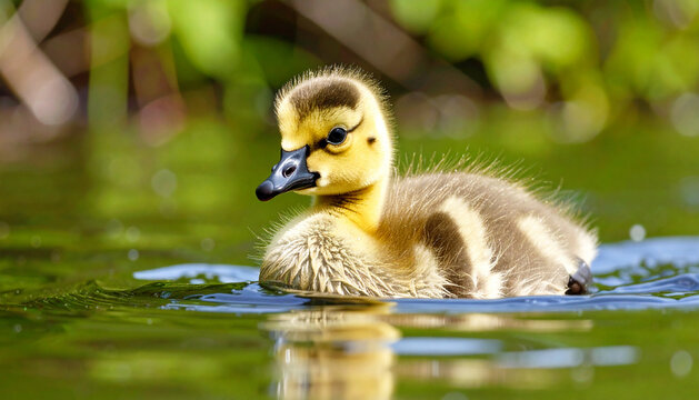 Canadian gosling swimming in a pond, closeup. AI