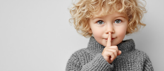 Cute boy with curly blond hair and gray sweater making a shushing gesture.